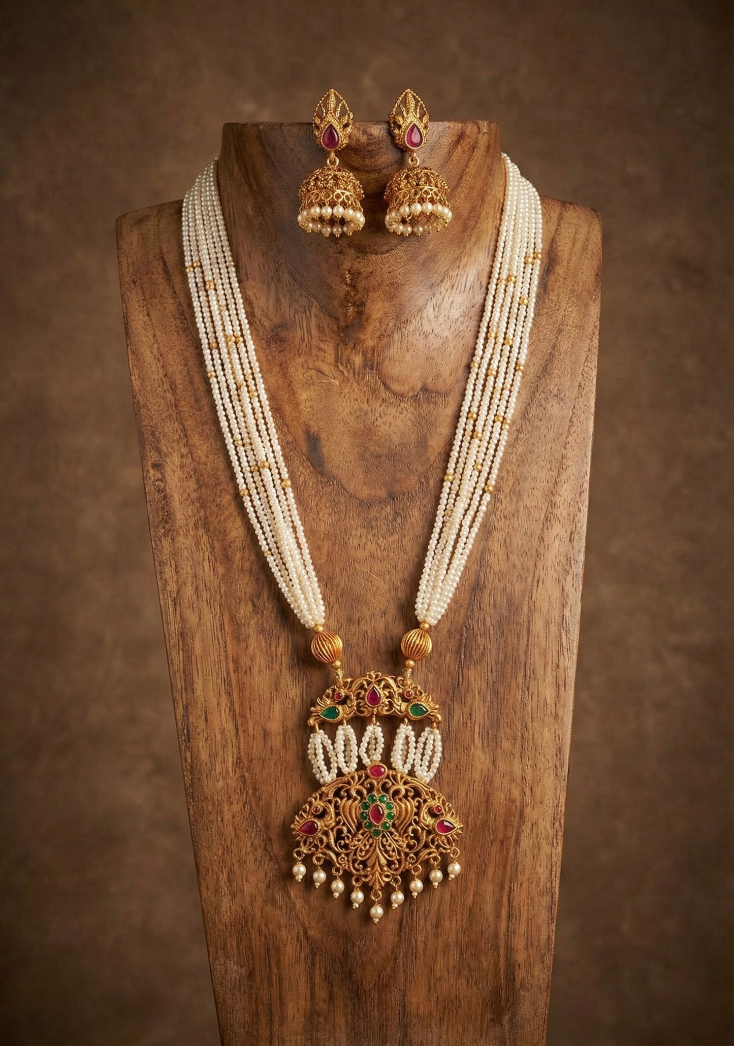 Matte finish pearl ruby-green beaded peacock haar set DJ21573