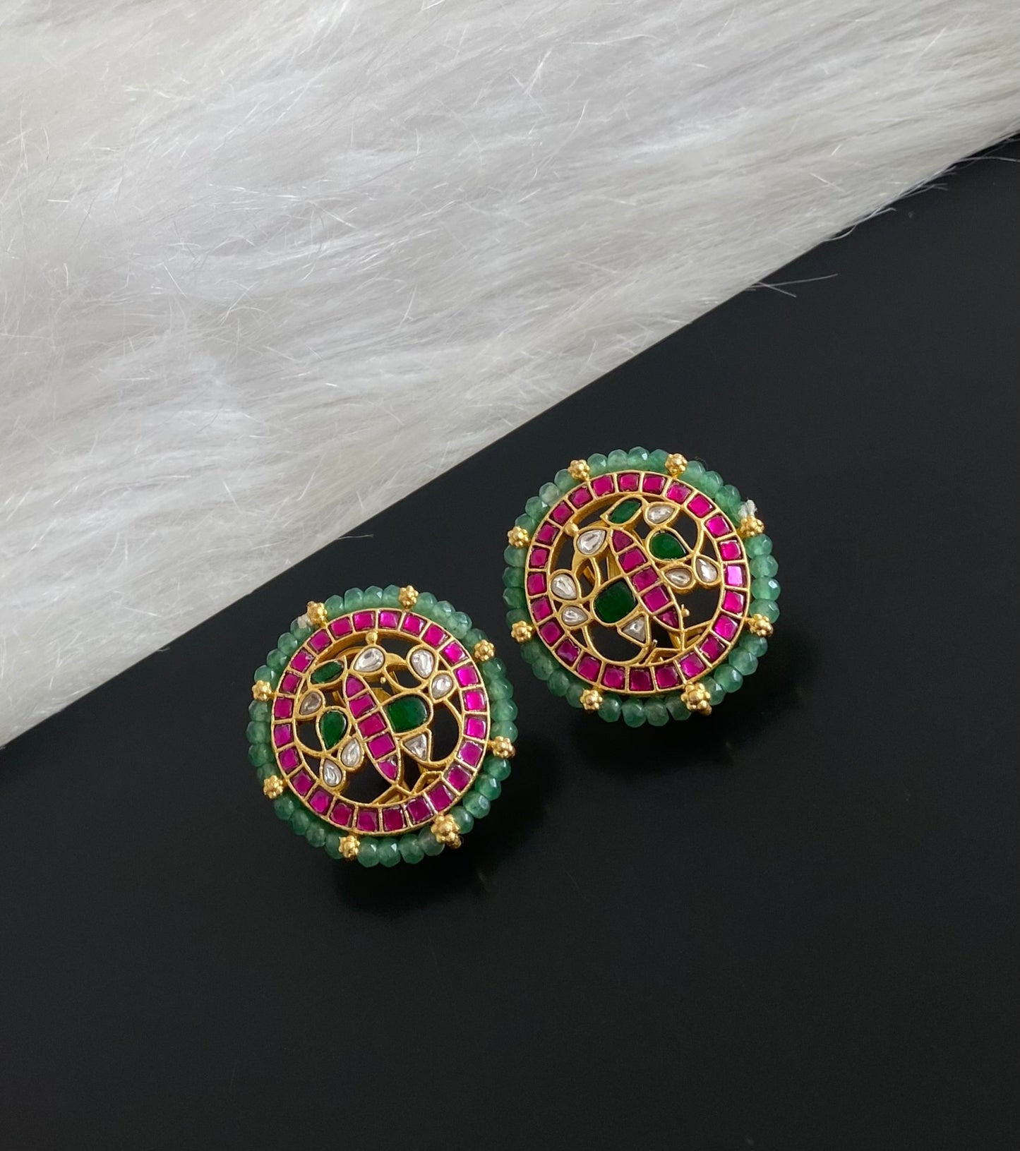 Gold tone pink-green-white kundan jadau green beaded peacock round stud/earrings dj-54578