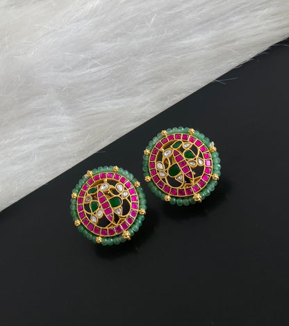 Gold tone pink-green-white kundan jadau green beaded peacock round stud/earrings dj-54578