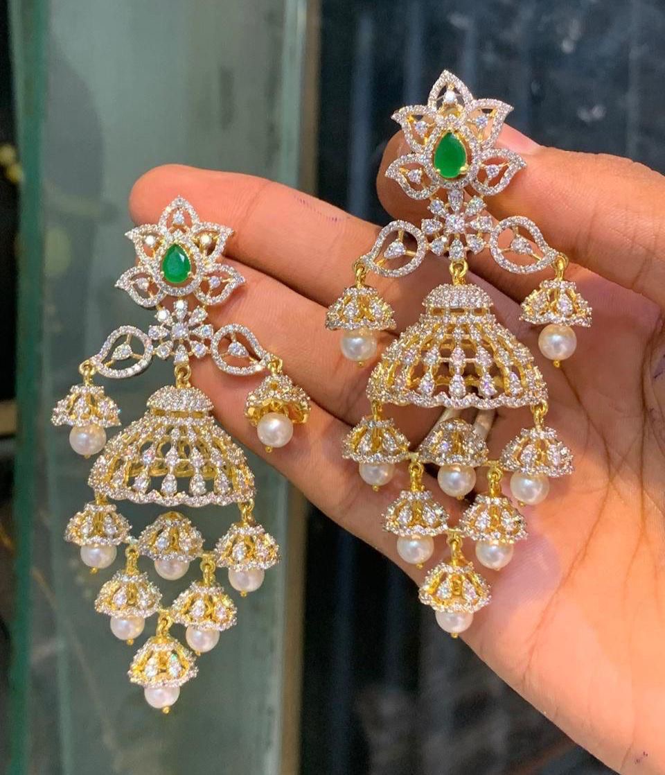 Two tone cz emerald pearl big jhumkka dj-48995