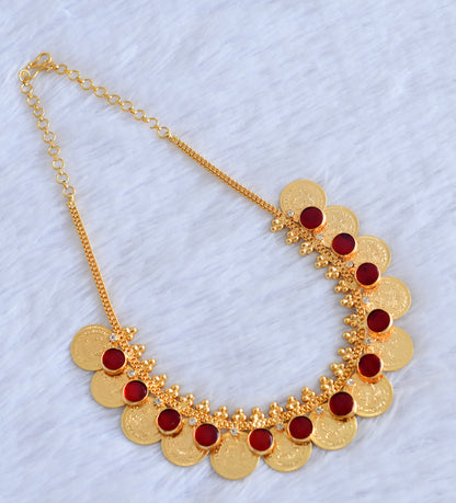 Gold tone kerala style red-white round lakshmi coin necklace dj-53079