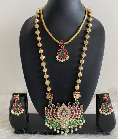 Gold tone precious kemp-green-white pearl lotus nakshi beaded combo set dj-54938