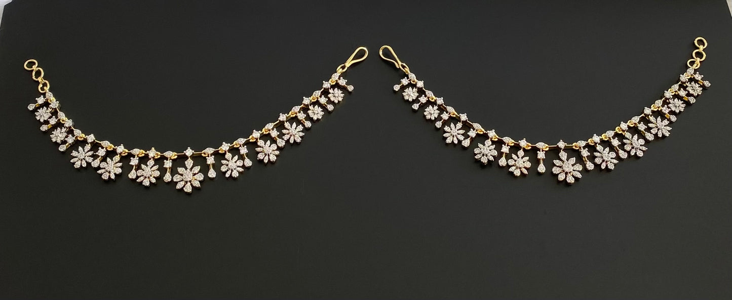 Two tone cz white stone flower ear side chain dj-54066