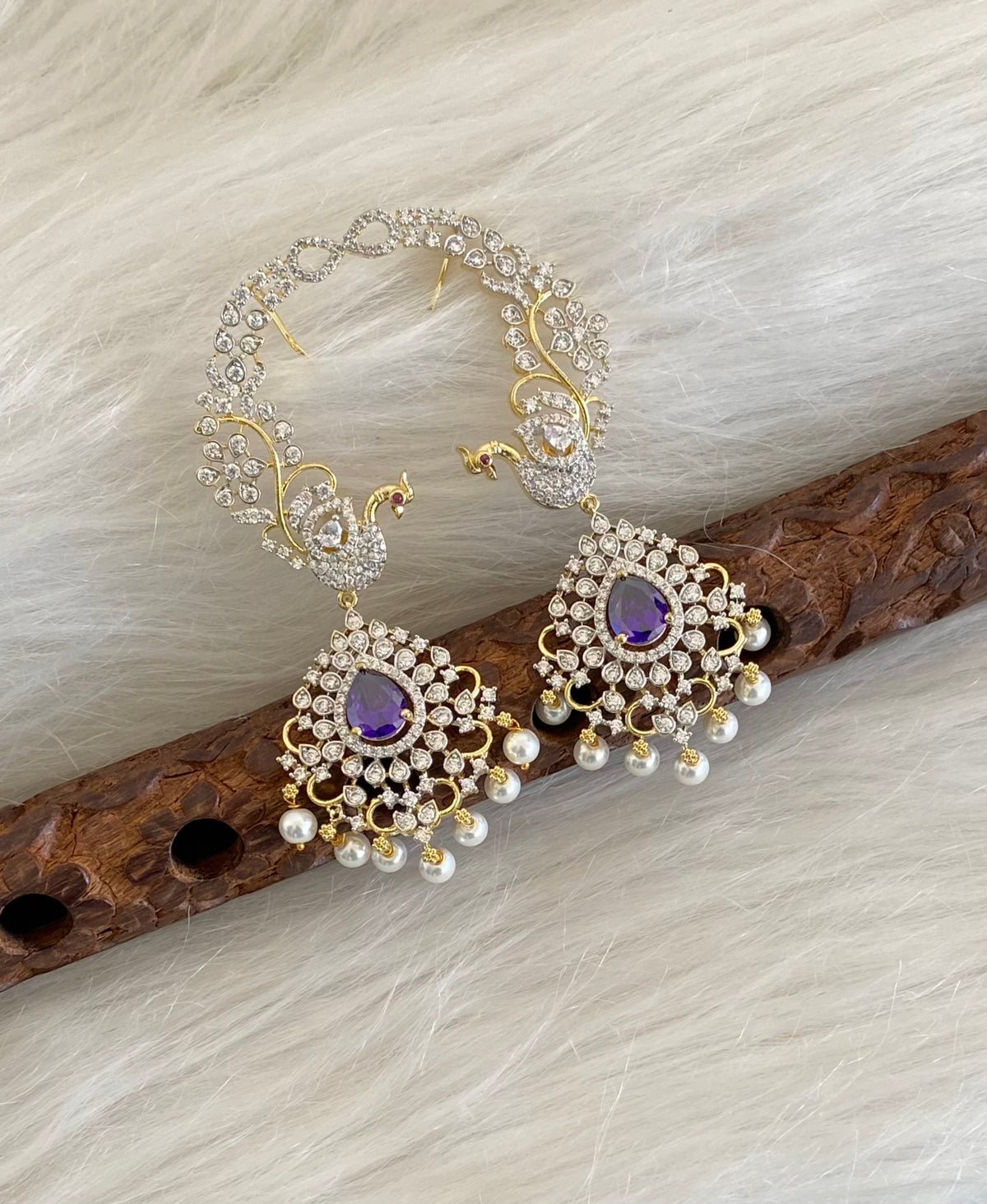 Two tone white-purple stone pearl peacock khanpool earrings dj-54656