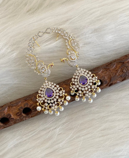 Two tone white-purple stone pearl peacock khanpool earrings dj-54656