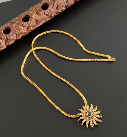 Gold tone 18 inches chain with white-pink-green sun pendant dj-54202