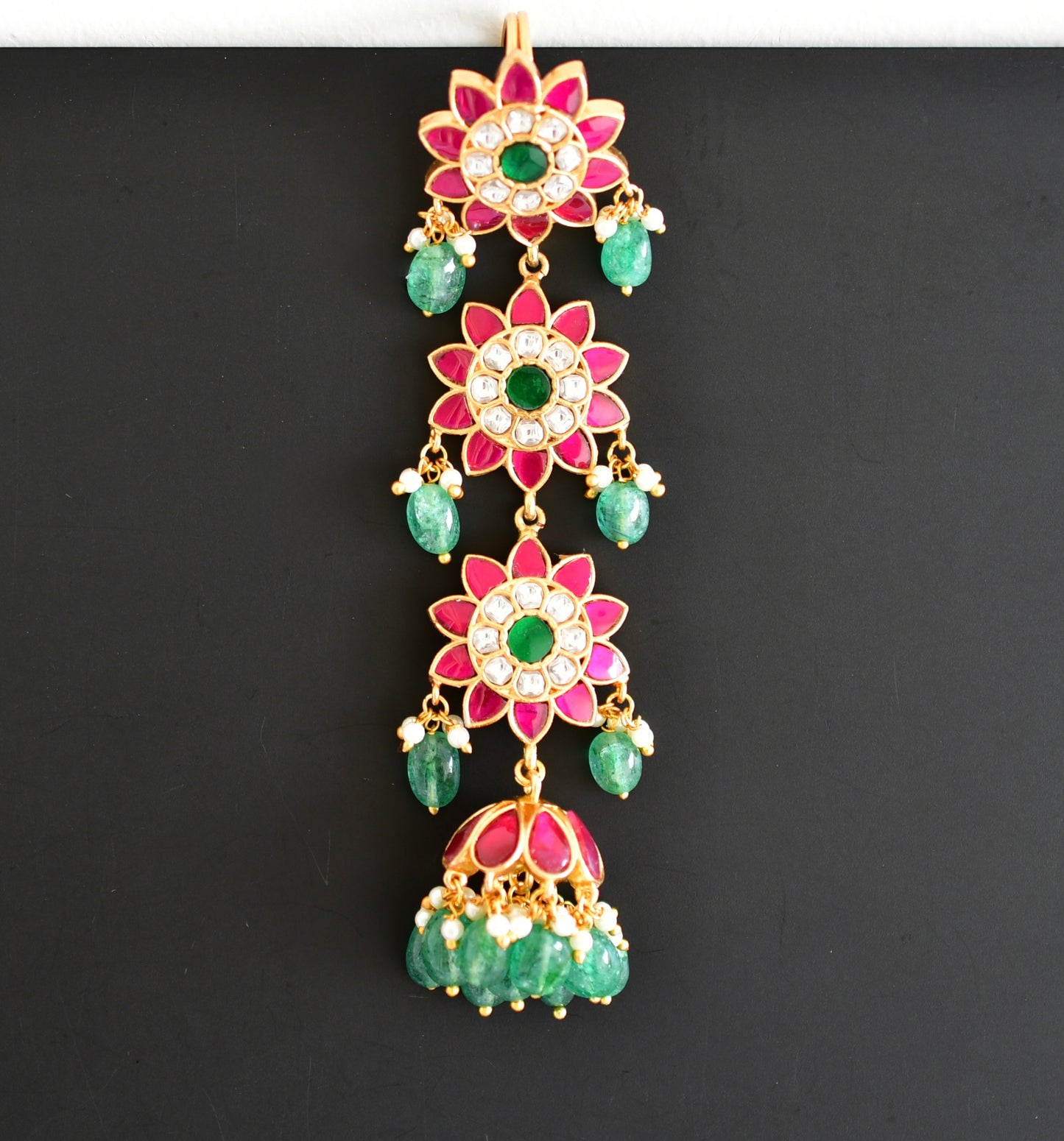 Gold tone pink-green kundan jadau flower hair jewel dj-52374