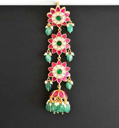 Gold tone pink-green kundan jadau flower hair jewel dj-52374