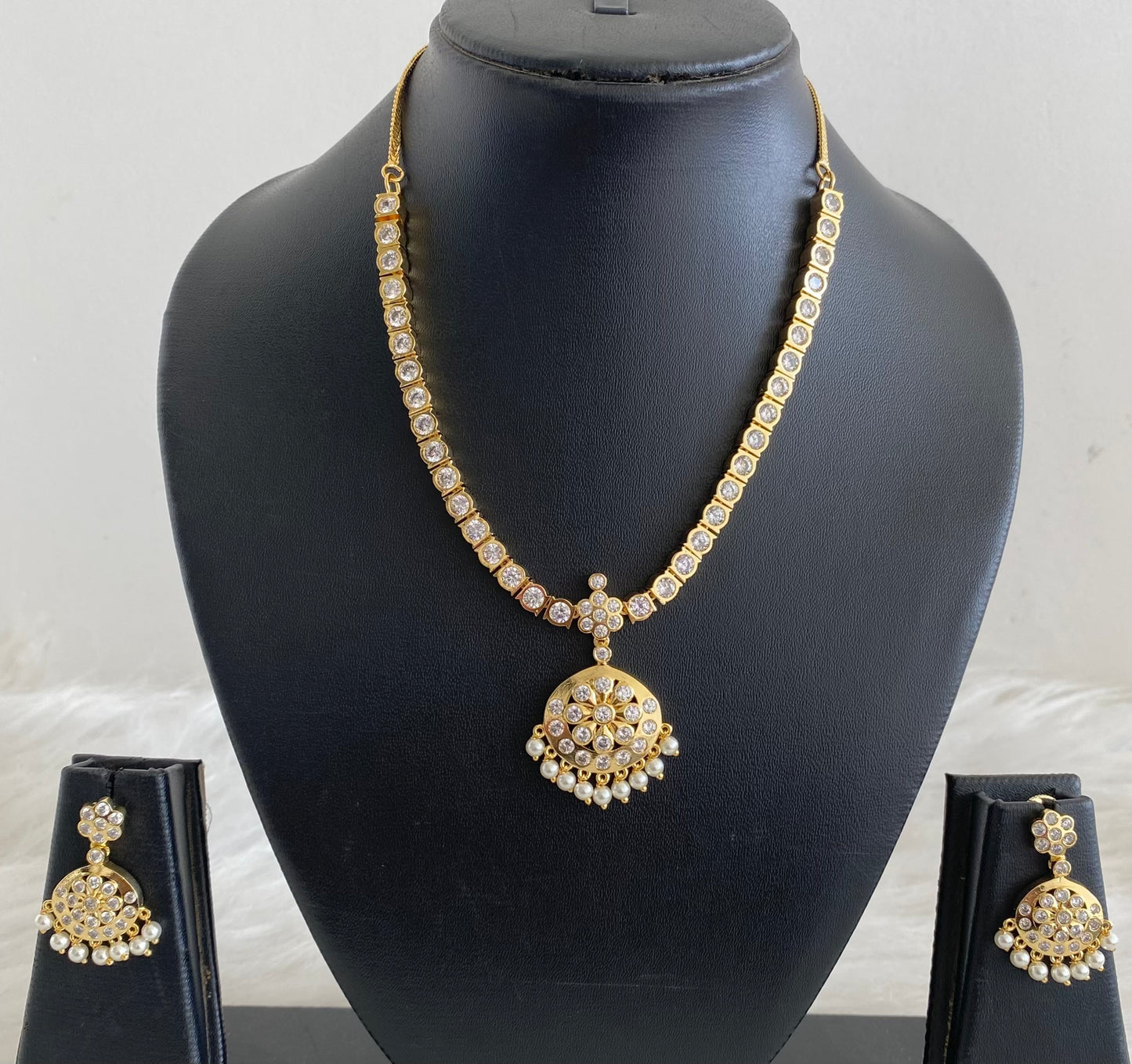 Gold tone Ad white stone South Indian attigai/necklace set dj-11436