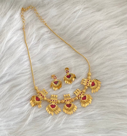 Gold tone kerala style pink-red palakka elakka necklace set dj-54552