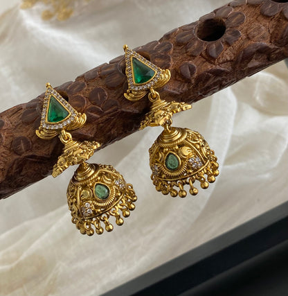 Antique gold tone green-white stone jhumkka dj-55091