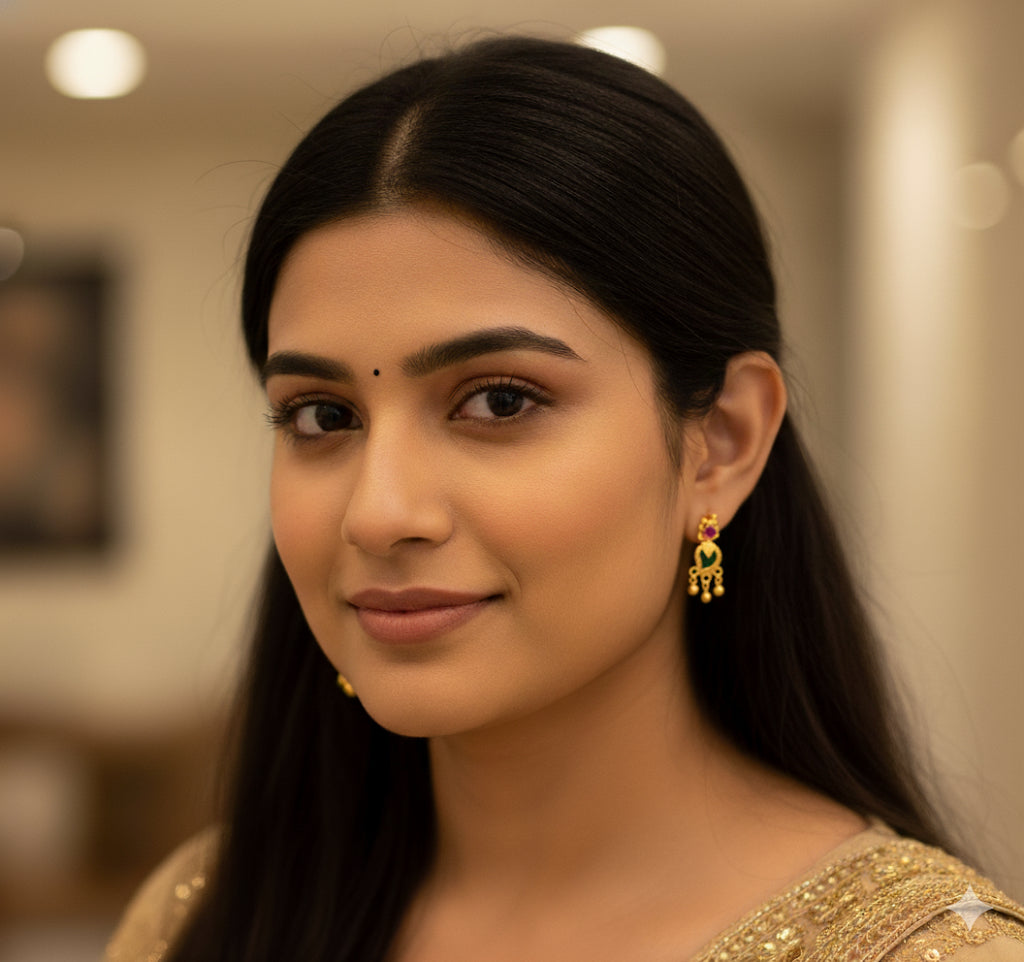 Gold tone pink-green kerala style mango earrings dj-47197