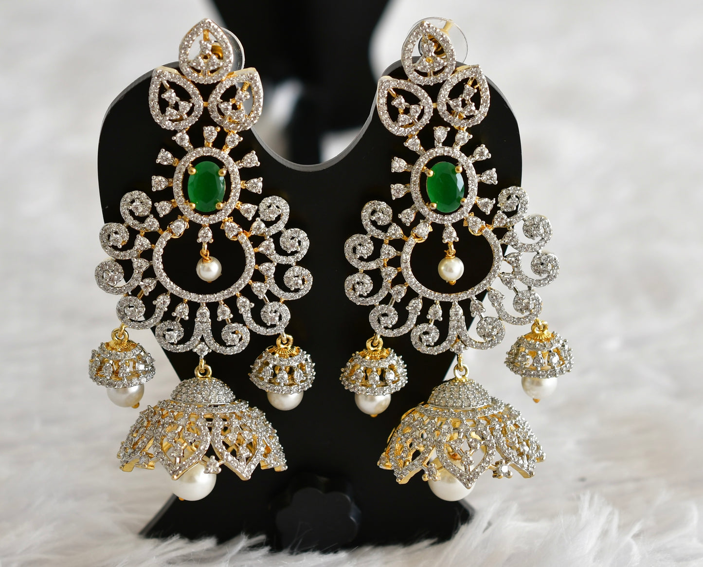 Two tone cz green pearl long bali jhumkka dj-51883