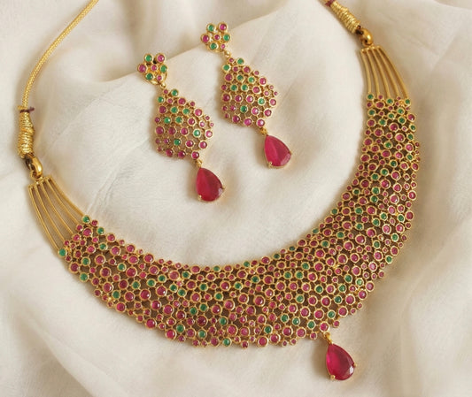 Gold tone AD ruby-green necklace set DJ17761