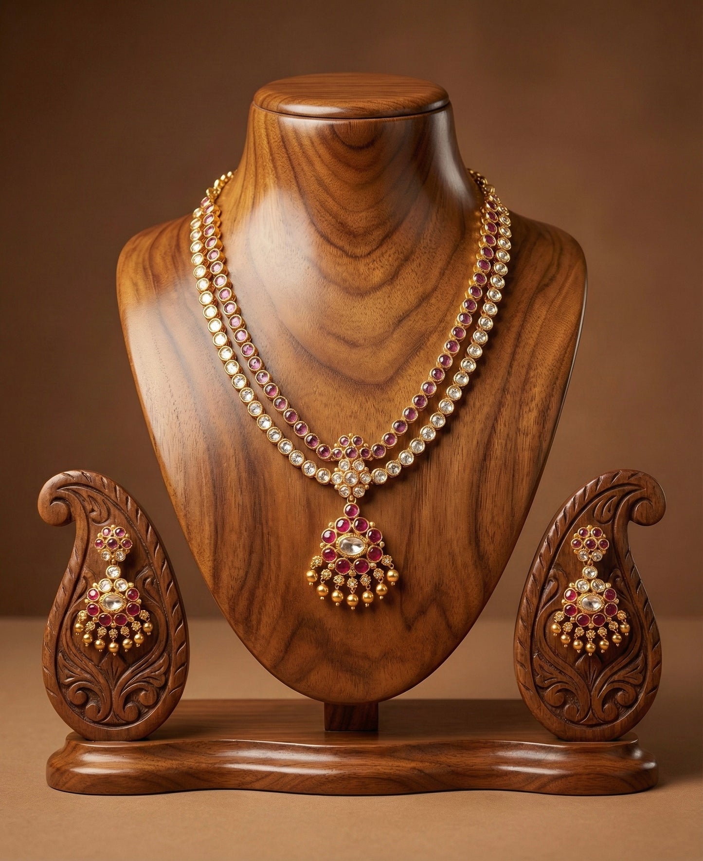 Matte finish pink-white-purple double layer attigai/necklace set dj-52721
