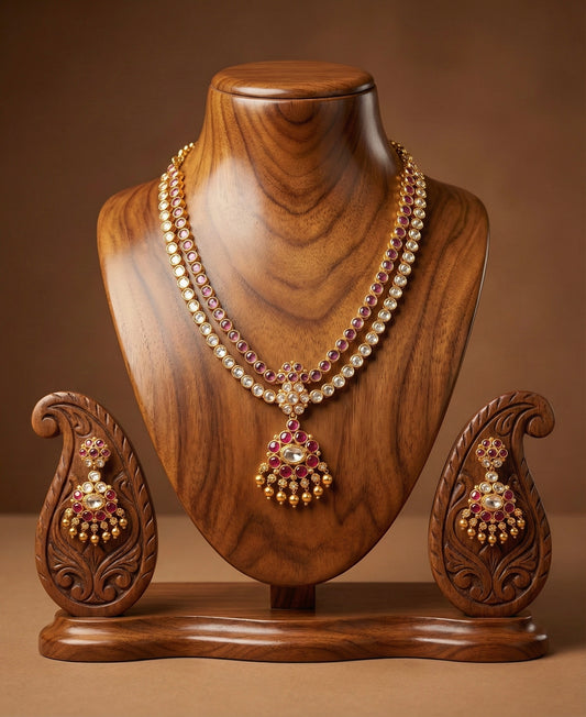 Matte finish pink-white-purple double layer attigai/necklace set dj-52721