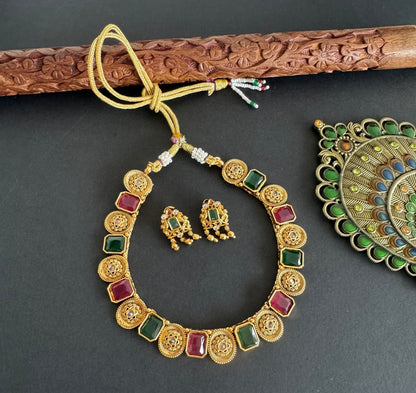 Antique gold tone block ruby-green stone flower necklace set dj-52099