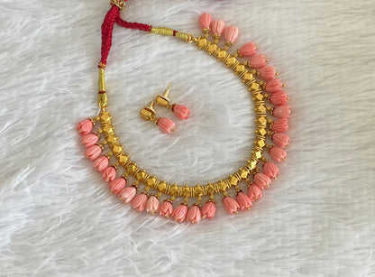 Antique gold tone pink tulip beaded necklace set dj-54367