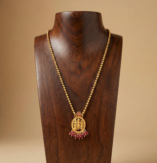 Gold tone pink stone Ram parivar short chain dj-51736