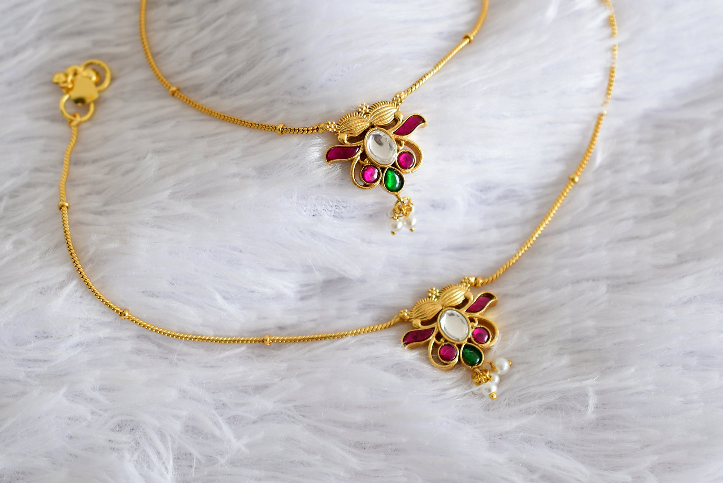 Gold tone pink-green-white kundan jadau anklets dj-52397