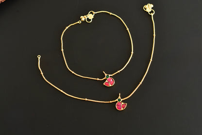 Gold tone pink-green bird kundan jadau anklets dj-52385