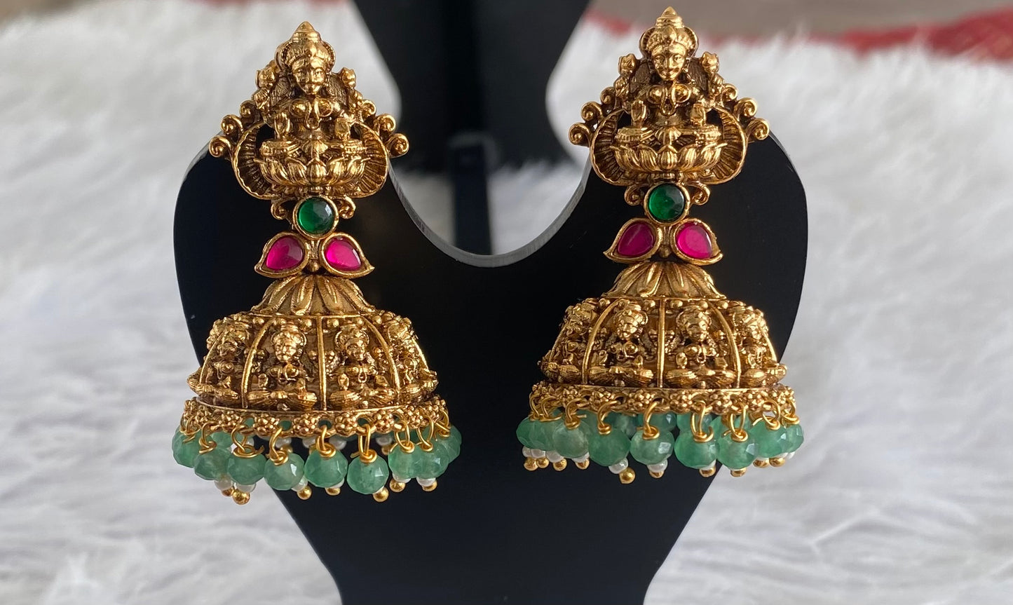 Antique gold tone pink-green beaded Lakshmi jhumkka dj-51048