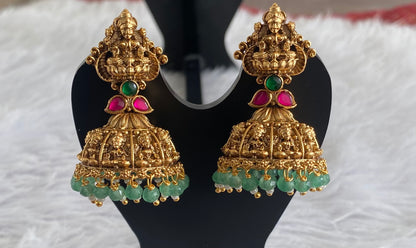 Antique gold tone pink-green beaded Lakshmi jhumkka dj-51048
