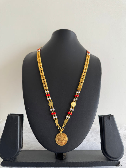 Gold tone coral-pearl lakshmi coin double layer 24 inches chain dj-46621