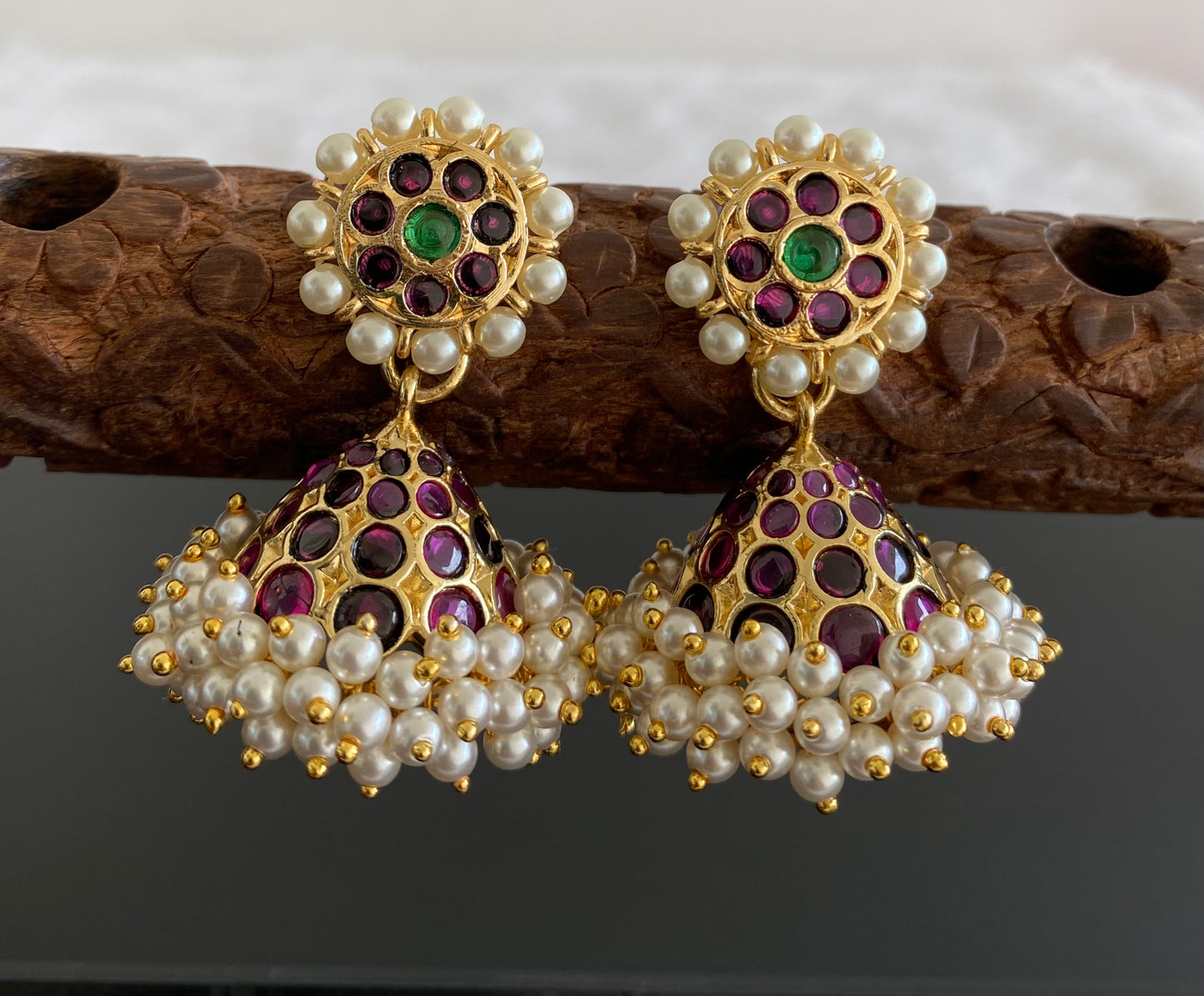 Gold tone precious kemp-green stone pearl jhumkka dj-53217