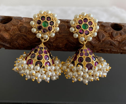 Gold tone precious kemp-green stone pearl jhumkka dj-53217