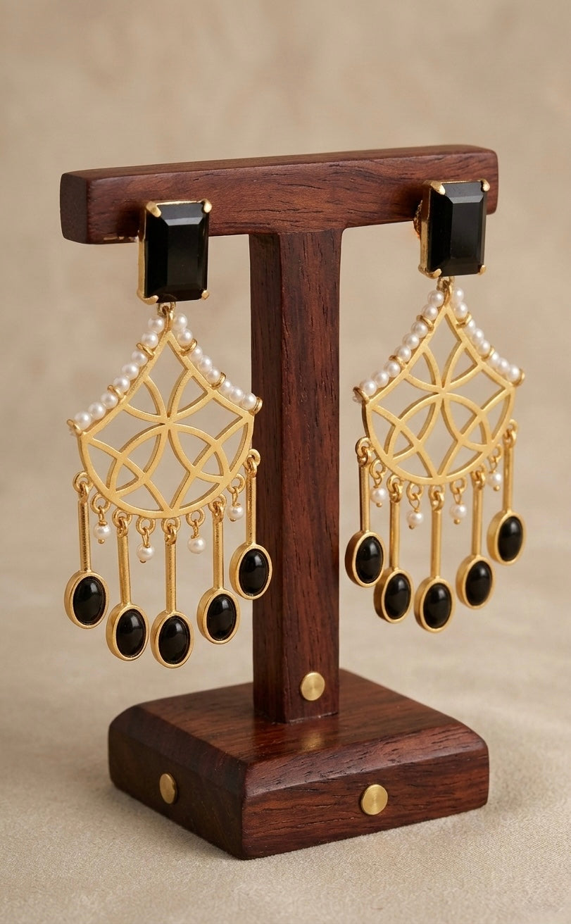 Antique gold tone Black-Pearl long Earrings-dj11502