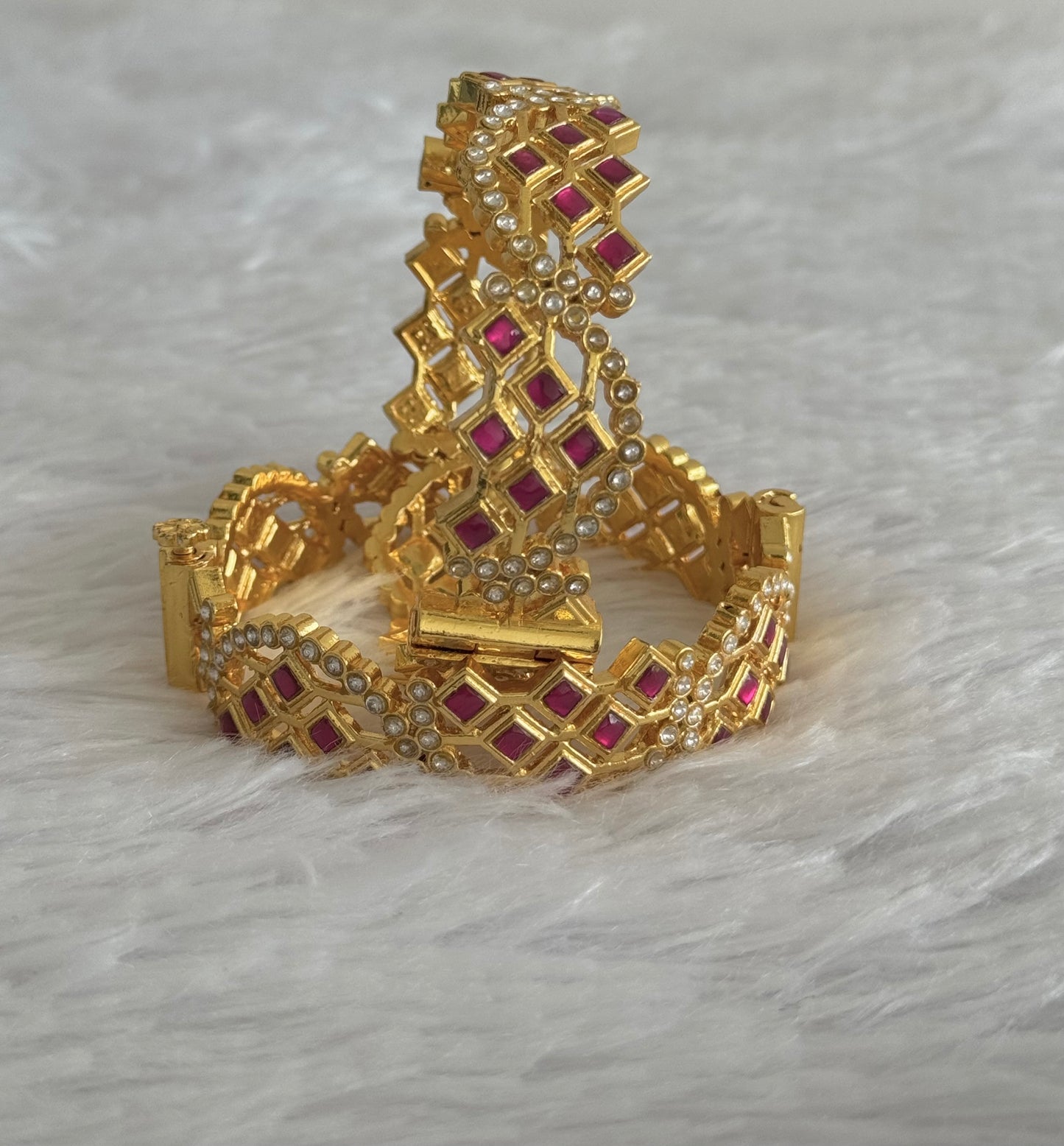 Gold tone pink-white kundan jadau screw type bangles(2.4) dj-51568