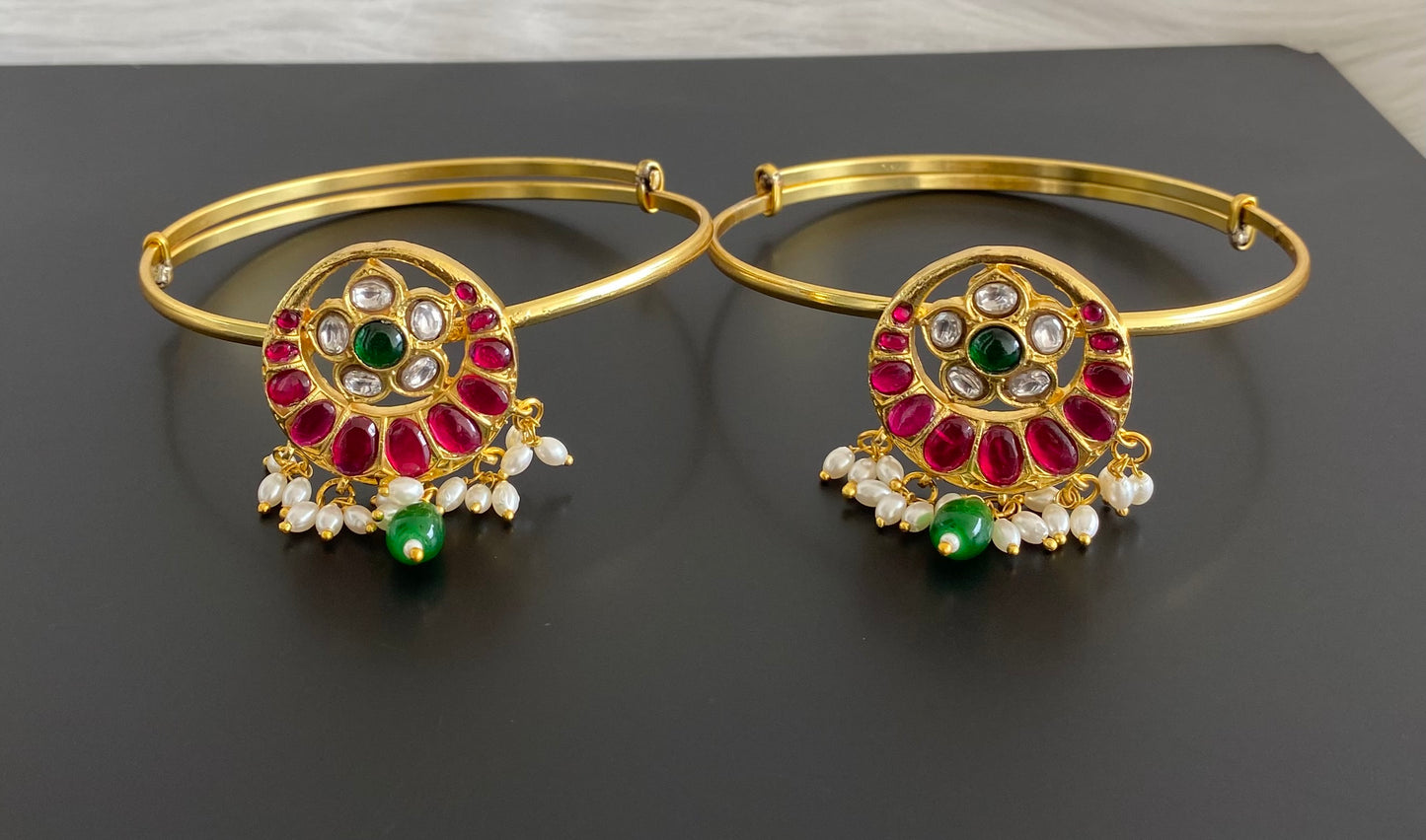 Gold tone kundan jadau kemp-green-white flower pearl baju band dj-53835