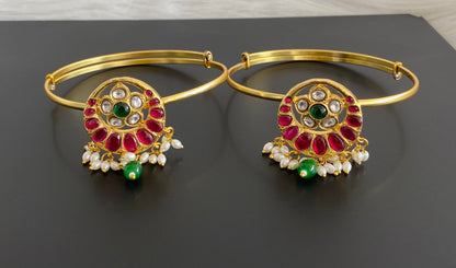 Gold tone kundan jadau kemp-green-white flower pearl baju band dj-53835