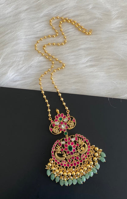 Antique gold tone pink-green-white kundan jadau peacock green bead haar dj-54515