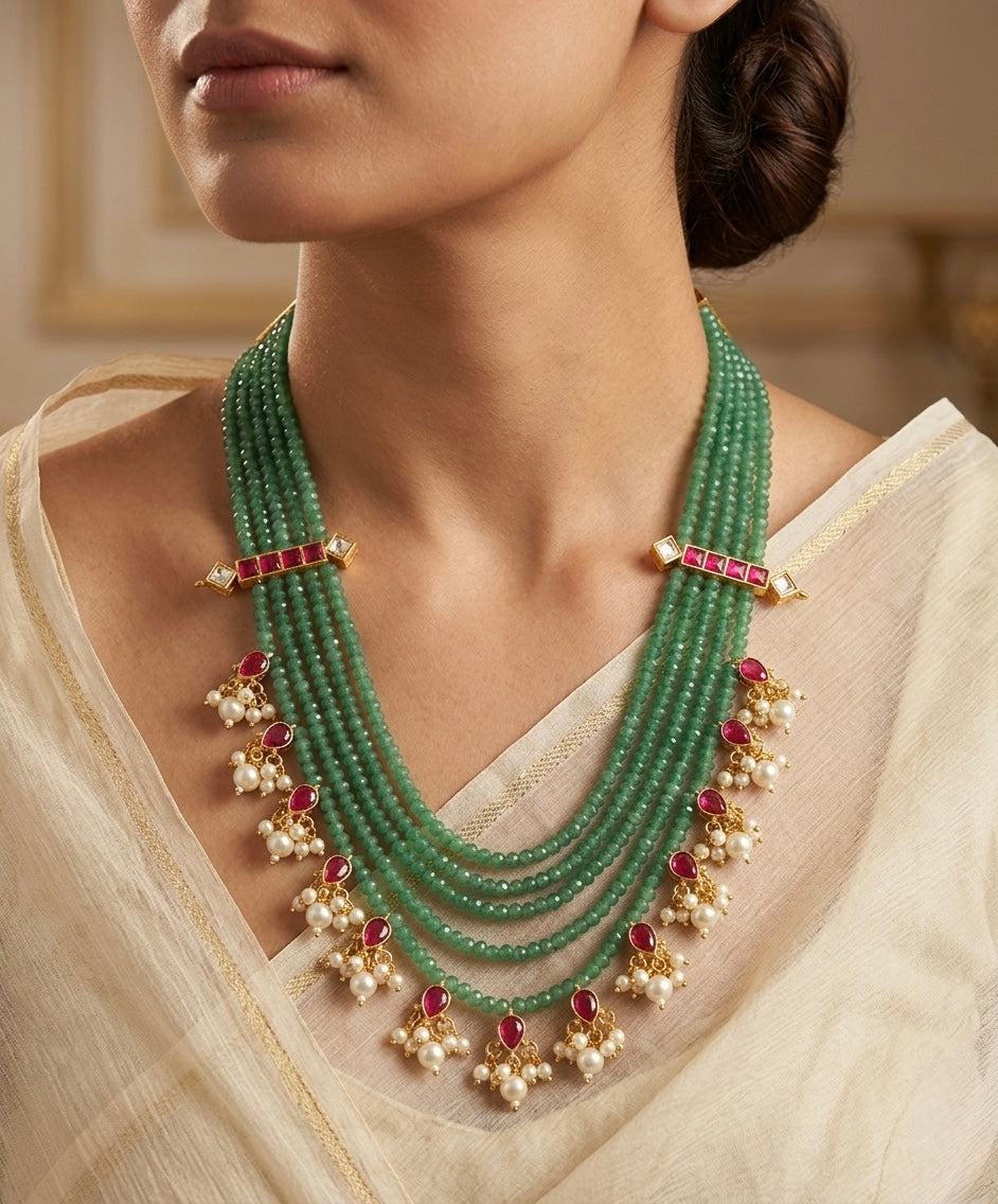 Gold tone pink kundan jadau sea green beaaded short haar dj-54514