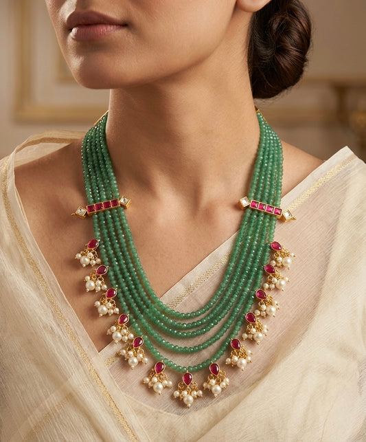 Gold tone pink kundan jadau sea green beaaded short haar dj-54514