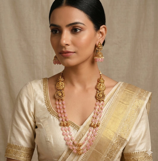 Antique gold tone baby pink beaded lakshmi peacock multi layer haar set dj-52426