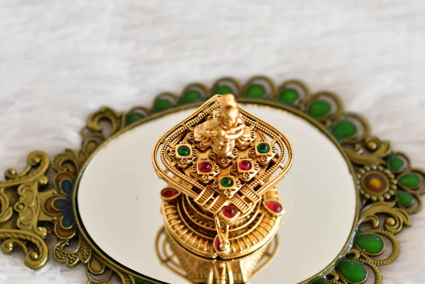Antique gold tone kemp-green Shri Krishna kumkum box dj-52315