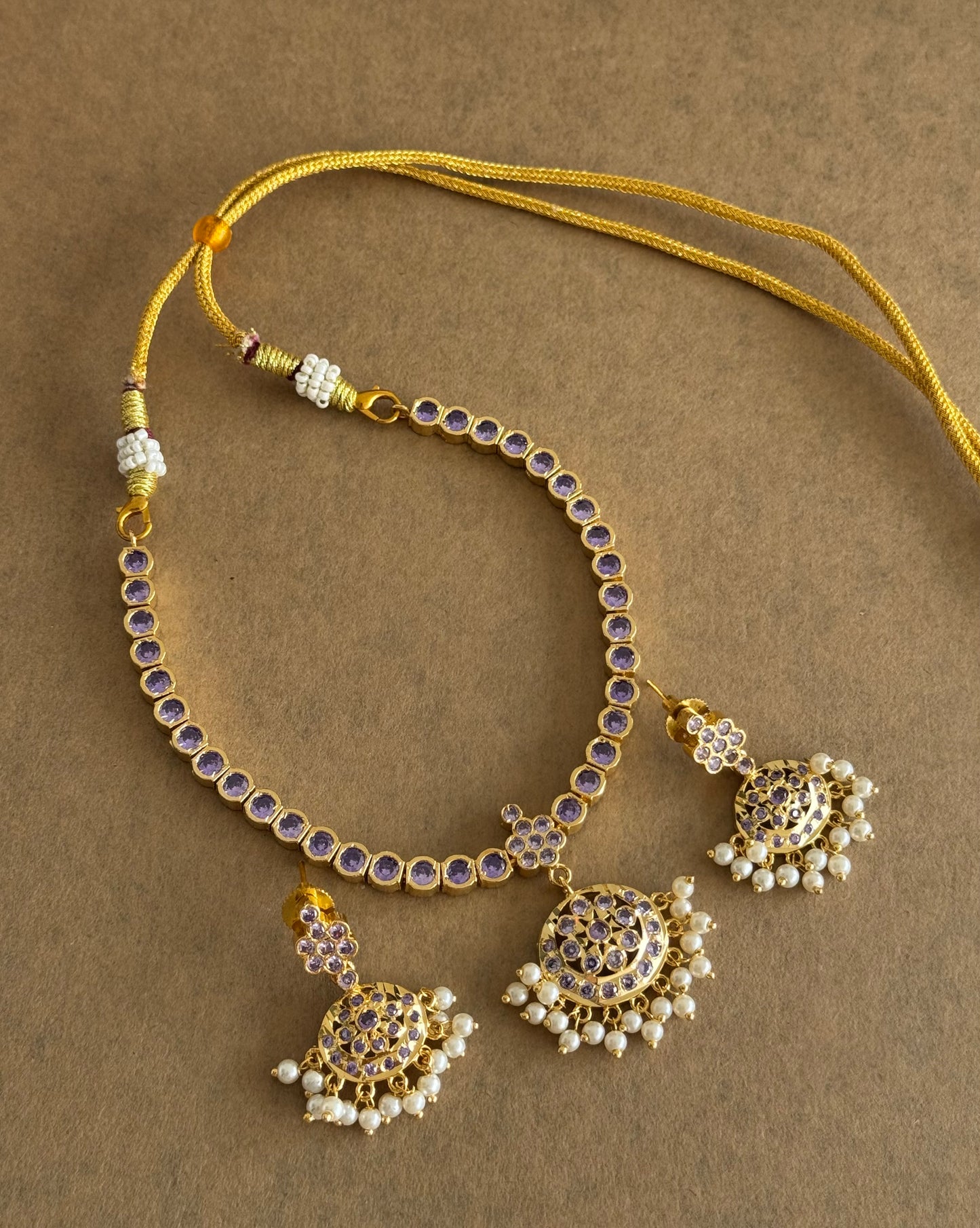 Gold tone AD purple south indian style attigai/necklace set dj-45882