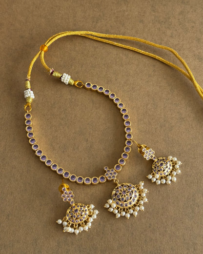 Gold tone AD purple south indian style attigai/necklace set dj-45882