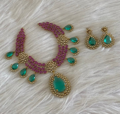 Antique gold tone kemp-white stone big peacock green stone necklace set dj-54813