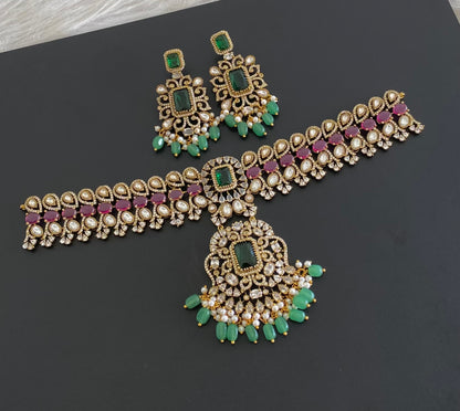 Antique gold tone ruby-white kundan green beaded choker necklace set dj-54802