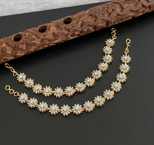 Two tone cz white stone flower ear side chain dj-54065