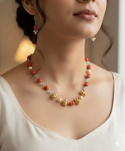 Matte finish coral-green-pearl lotus beaded necklace set dj-52084