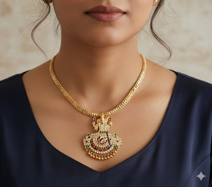 Gold tone South Indian style AD multicolor Kamakshi necklace dj-52216