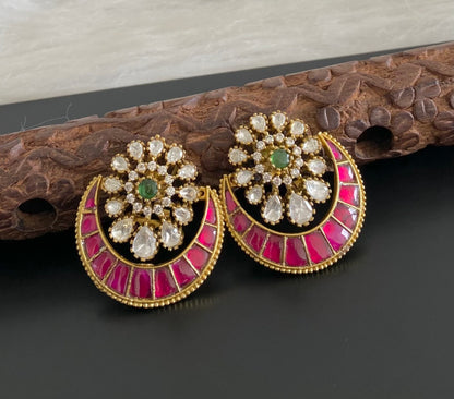 Gold tone kemp-green-white stone big kundan jadau stud/earrings dj-54593