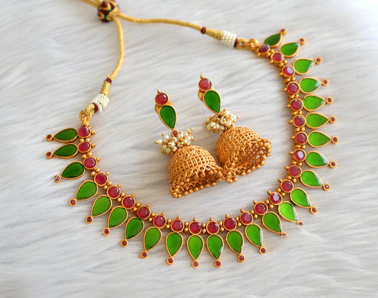 Matte finish red-green kerala style gopi necklace set dj-43620