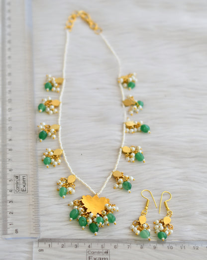 Gold tone pink-green-white pearl green beaded lotus kundan jadau necklace set dj-45269