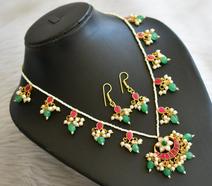 Gold tone pink-green-white pearl green beaded moon flower kundan jadau necklace set dj-45270